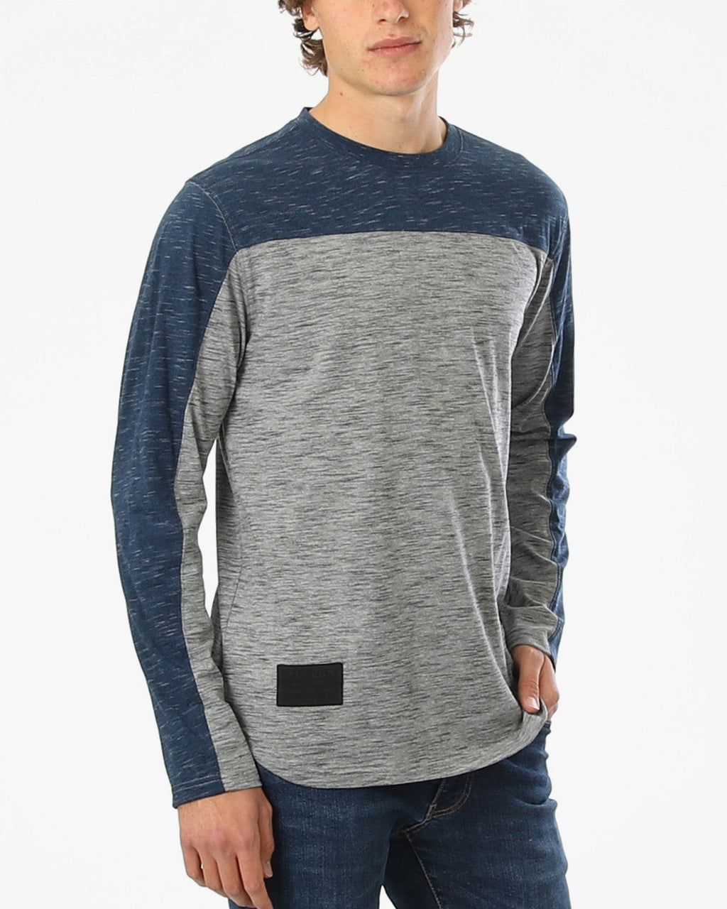 Zimego Mens Athletic Color Block Long Sleeve Curved Hem Shirt