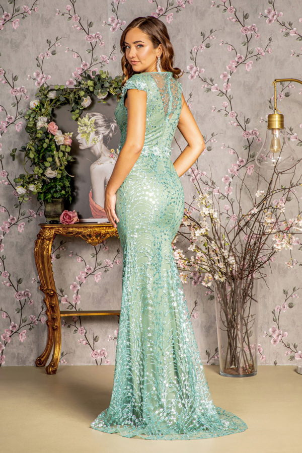3D Flower Glitter Sheer Neckline Mesh Mermaid Evening Dress