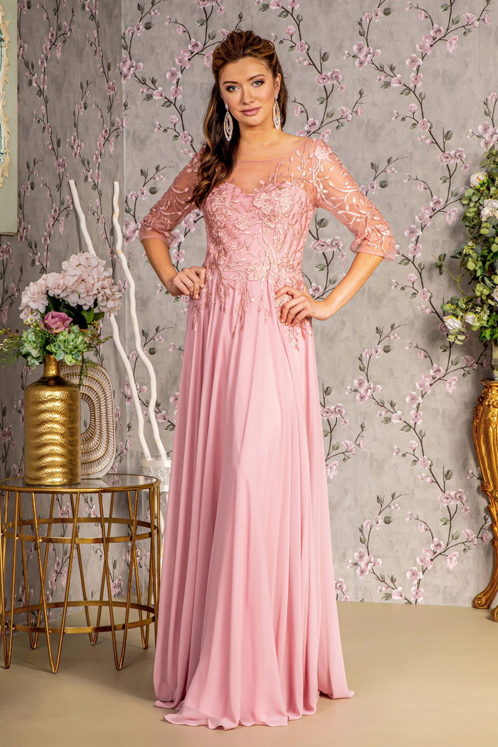 Bead Embroidery Sheer Neckline V Back Chiffon A Line Long Dress