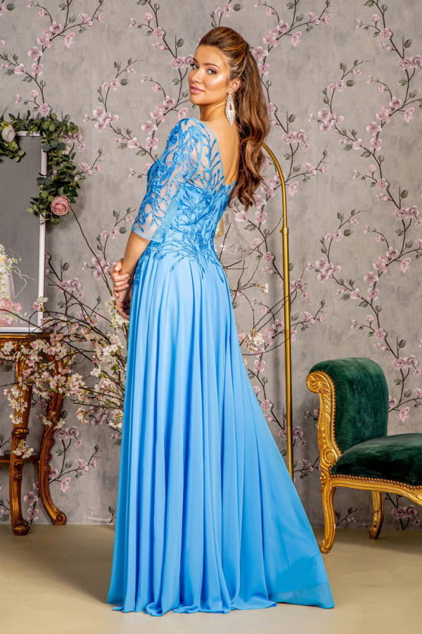 Bead Embroidery Sheer Neckline V Back Chiffon A Line Long Dress