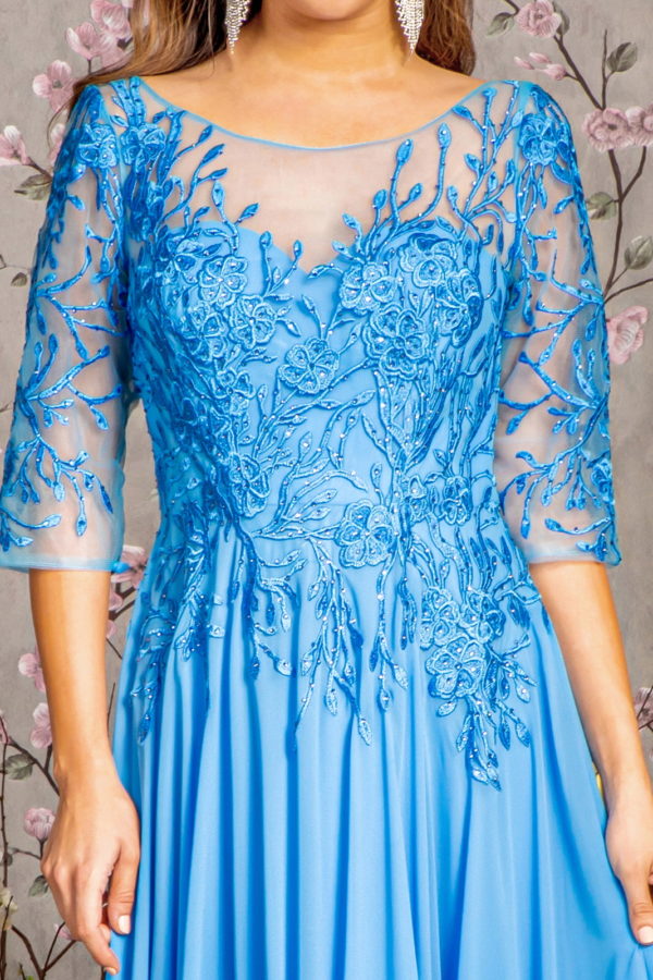 Bead Embroidery Sheer Neckline V Back Chiffon A Line Long Dress