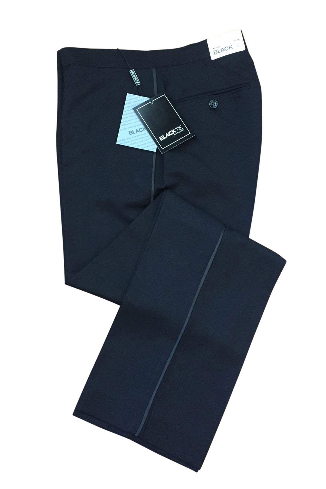 Logan Black Luxury Wool Blend Tuxedo Pants With Satin Stripe Plain Front
